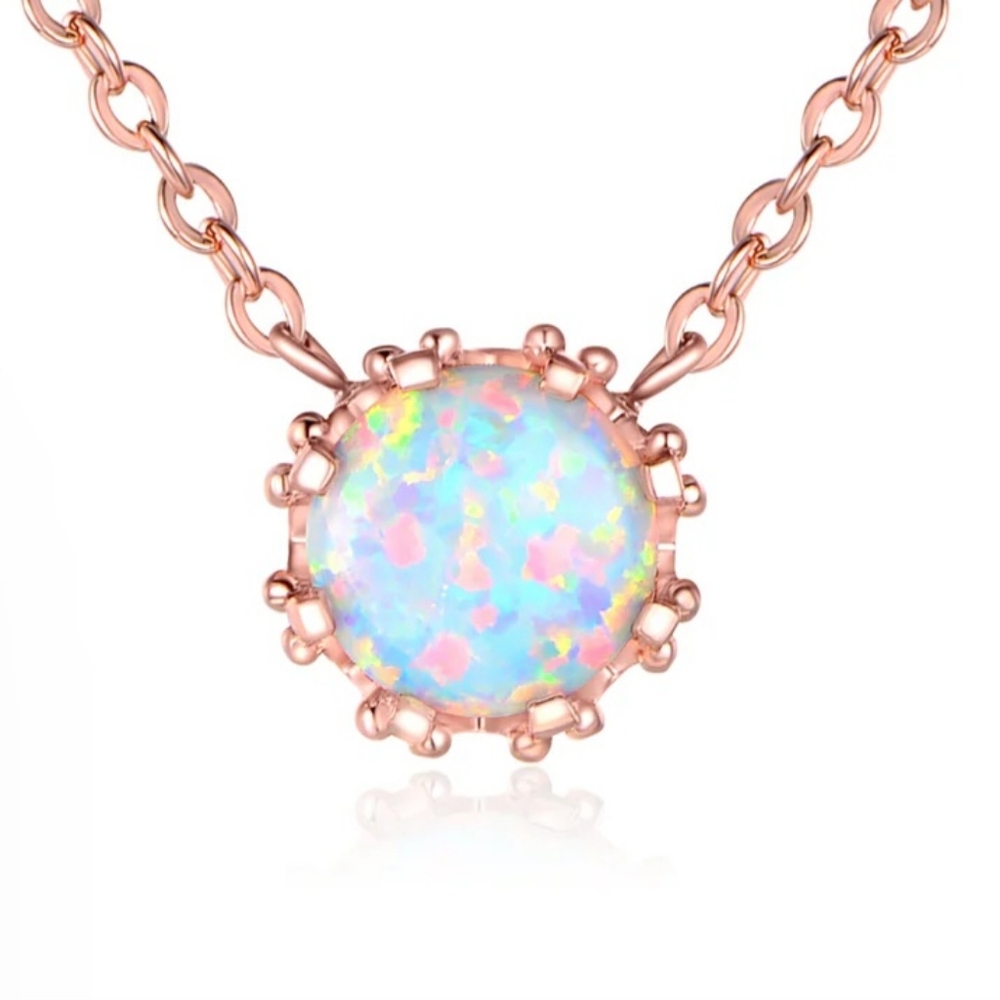 AMY AND ANNETTE Crown White Opal Pendant Necklace in 18K Rose Gold